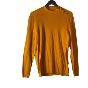INC Mens Large Mock Neck Skull Button Mustard Gold Pullover Sweater Halloween